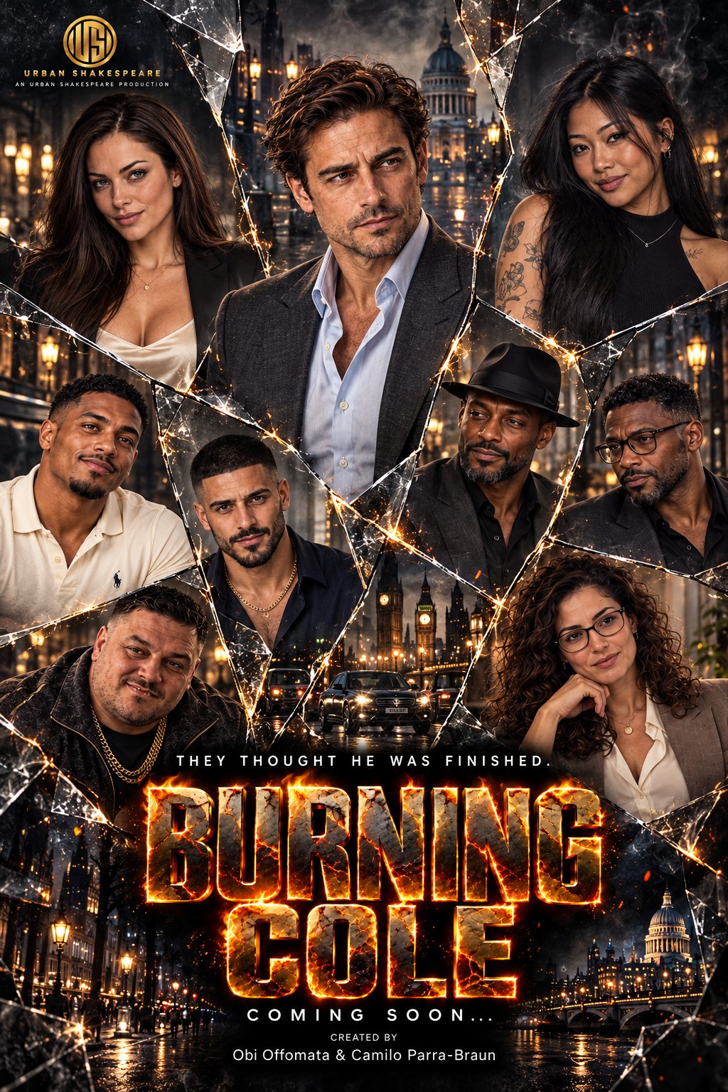 Burning Cole cast poster with the cast framed in shards of broken glass