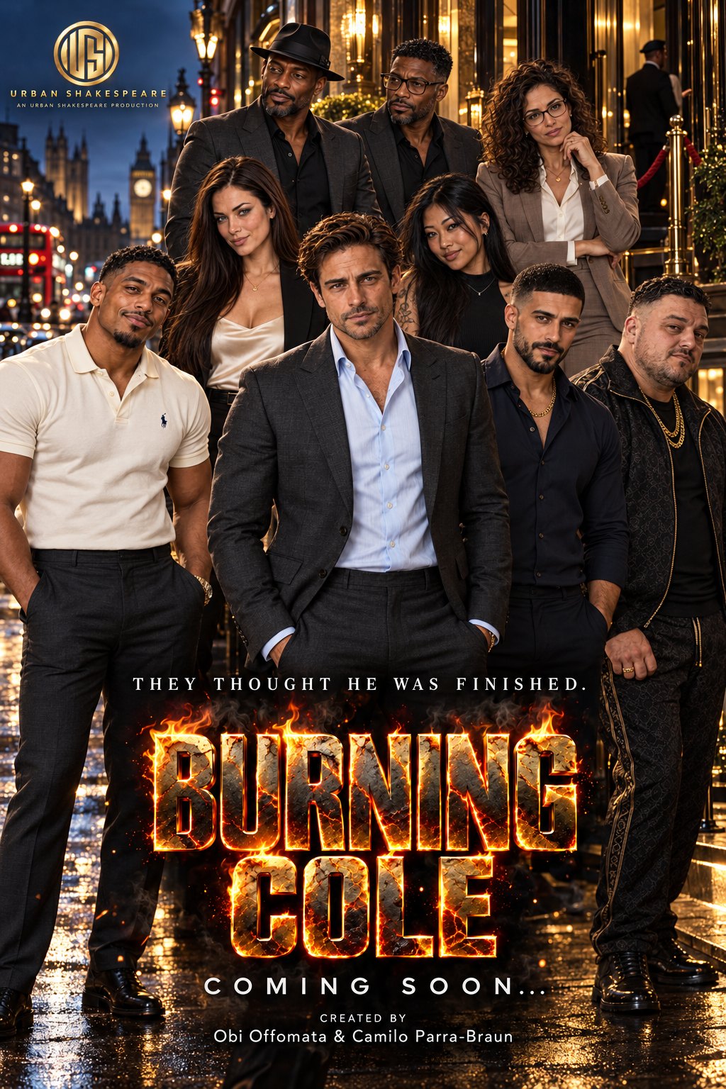 Burning Cole cast poster outside the club on a wet London night