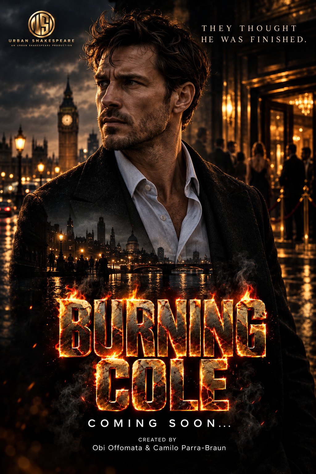 Burning Cole poster: Cole on a rainy London night outside the club