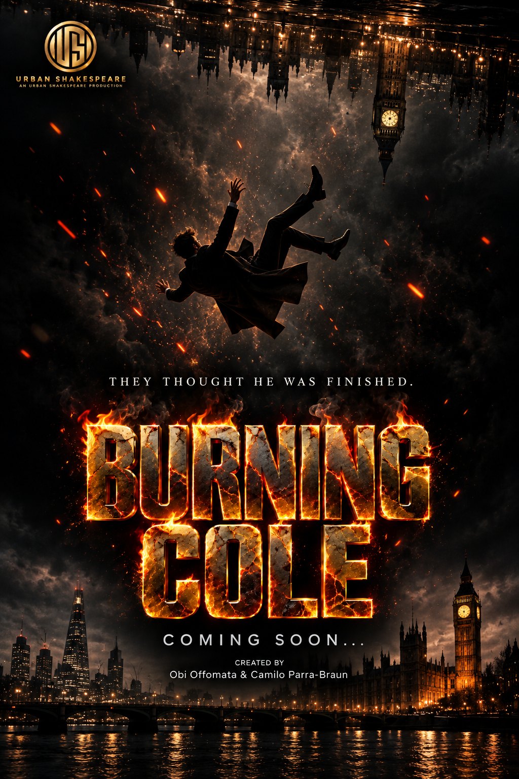Burning Cole teaser poster: a man falling between an upside-down London and the burning title