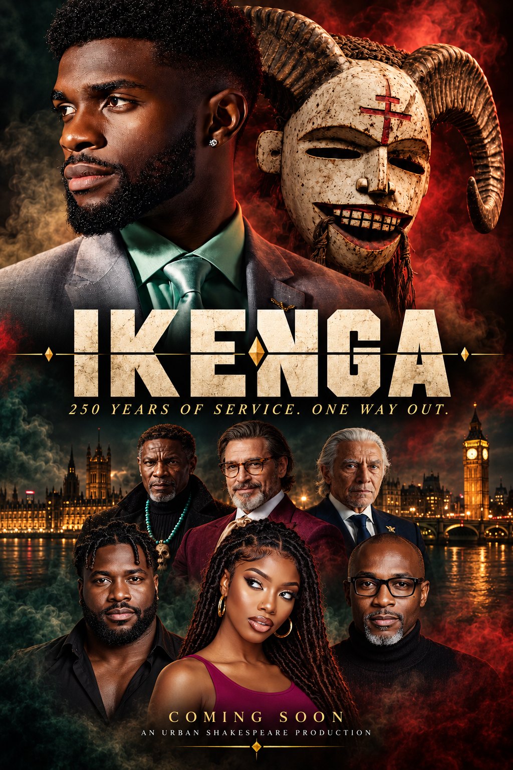 Ikenga ensemble poster: Arinze and the Mmanwu mask above the cast in front of the Houses of Parliament
