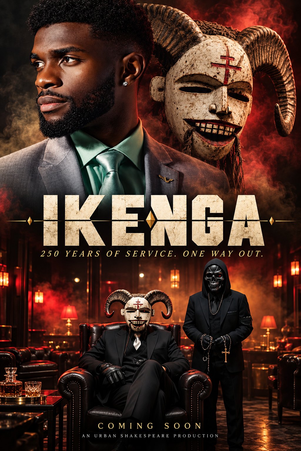 Ikenga poster: Mmanwu in a leather armchair with Skull standing beside him in a red-lit lounge