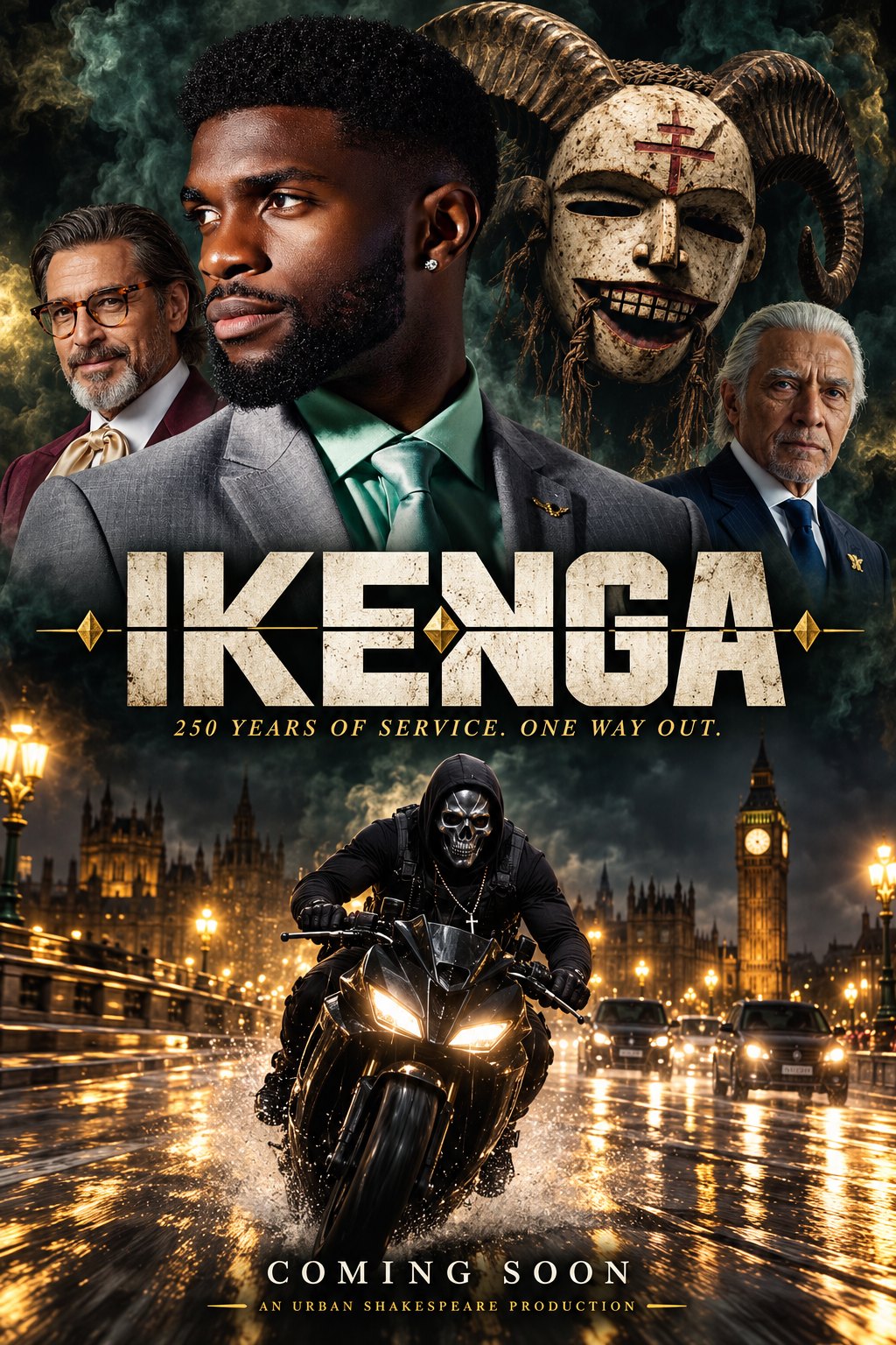 Ikenga key art: Arinze and the Mmanwu mask above Skull riding a motorbike across Westminster Bridge at night